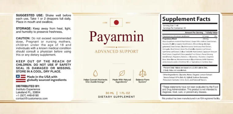 Payarmin supplement facts label